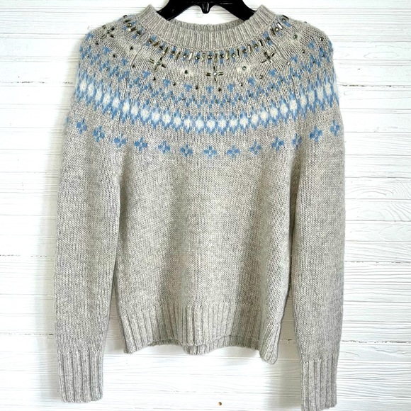 J. Crew Sweaters - J. Crew Embellished Fair Isle Pullover Sweater Gray and Blue Wool Blend Size Sm